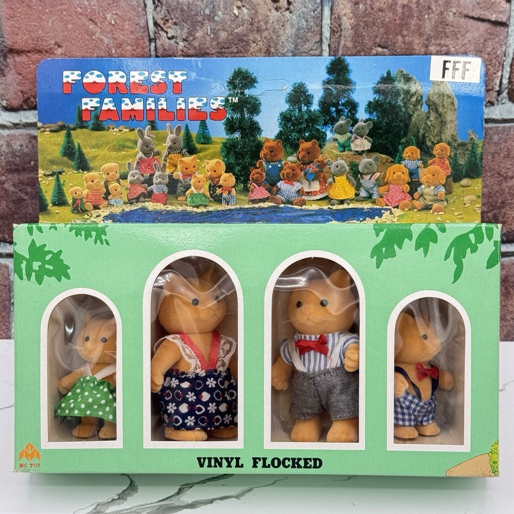 Vintage 1980s Forest Families Cat Family Flocked Figures MC Toy Kitschy in Box
